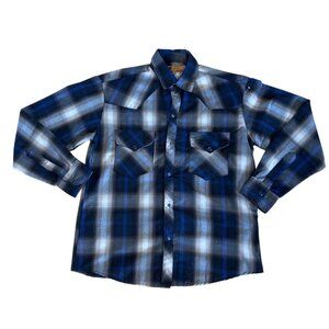Alex Camisas Shirt Men Western Plaid Snap Button Sz 38 Blue & Beige Long Sleeve